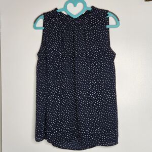 LOFT Blouse Womens Small Navy Blue White Polka Dotted Career Office Ruffle Neck